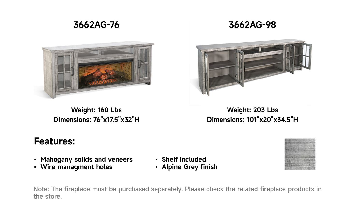 3662AG-76 Media Cabinet w/ 42" Fireplace Option TV Console/TV Stand Multi Color(76-Inch，optional Electric Fireplace,3658c&3658w-fpi)