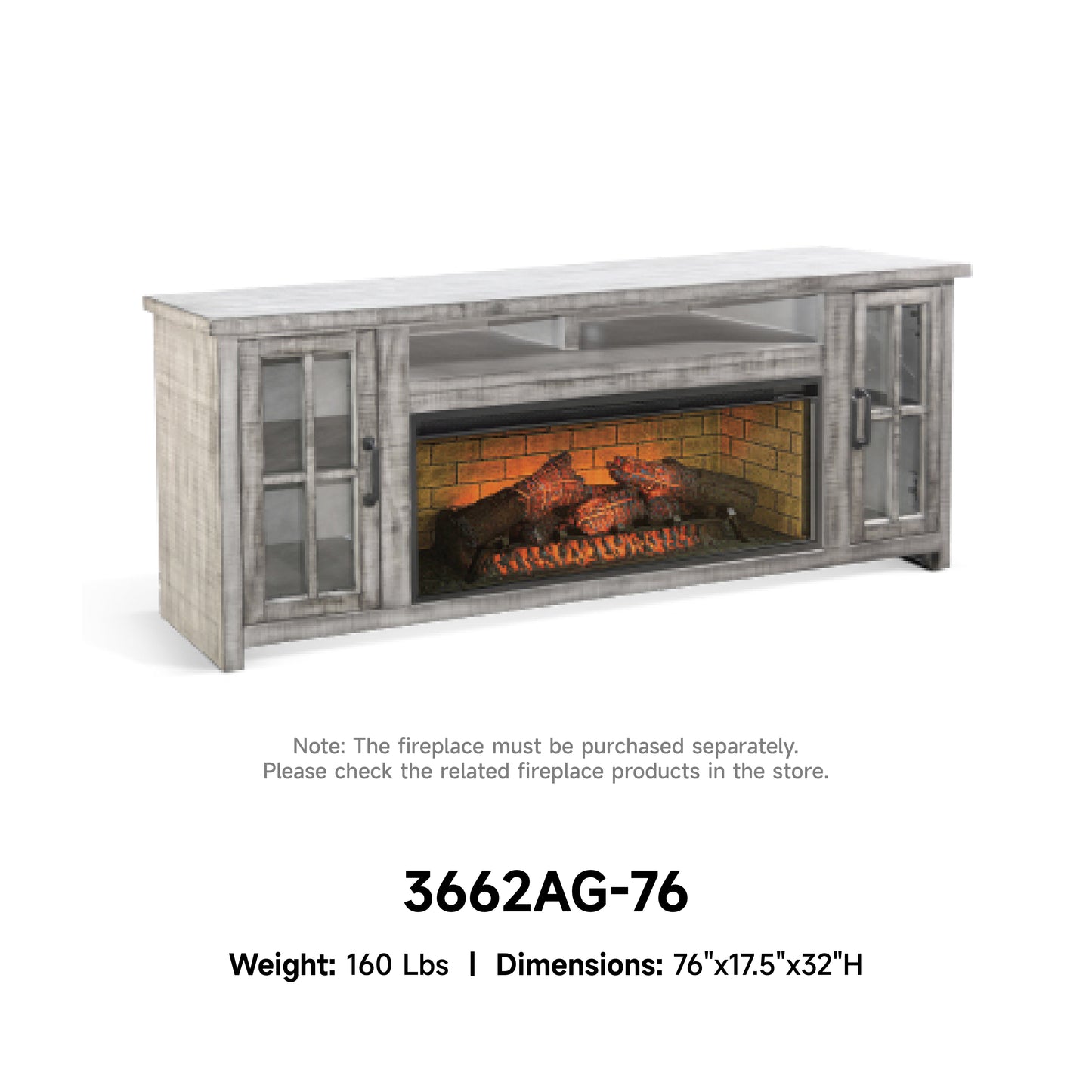 3662AG-76 Media Cabinet w/ 42" Fireplace Option TV Console/TV Stand Multi Color(76-Inch，optional Electric Fireplace,3658c&3658w-fpi)