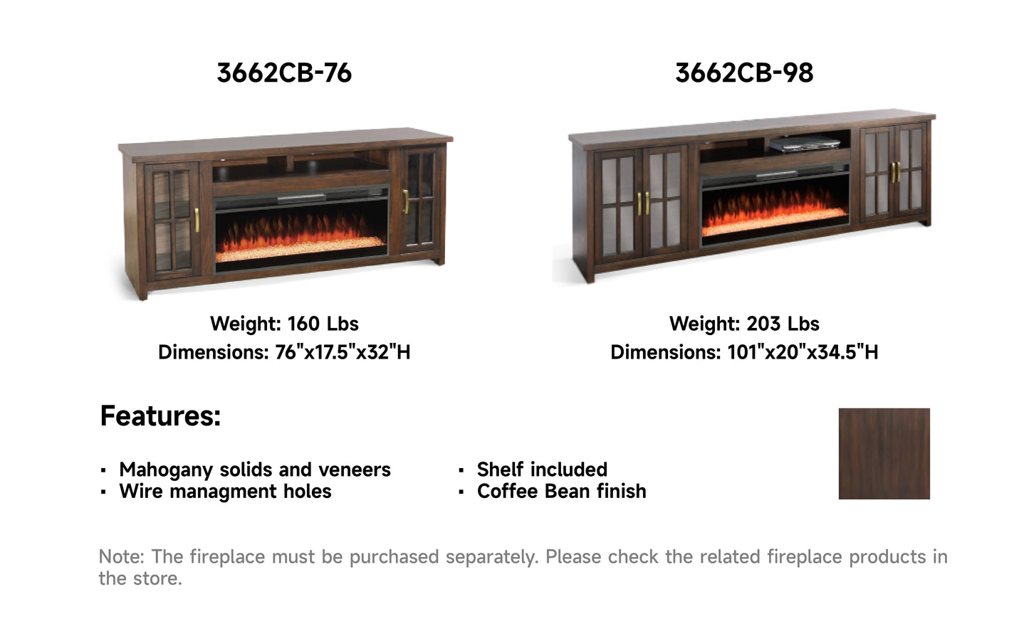 3662CB-76 Media Cabinet w/ 42" Fireplace Option TV Console/TV Stand Brown (76-Inch，optional Electric Fireplace,3658c&3658w-fpi)