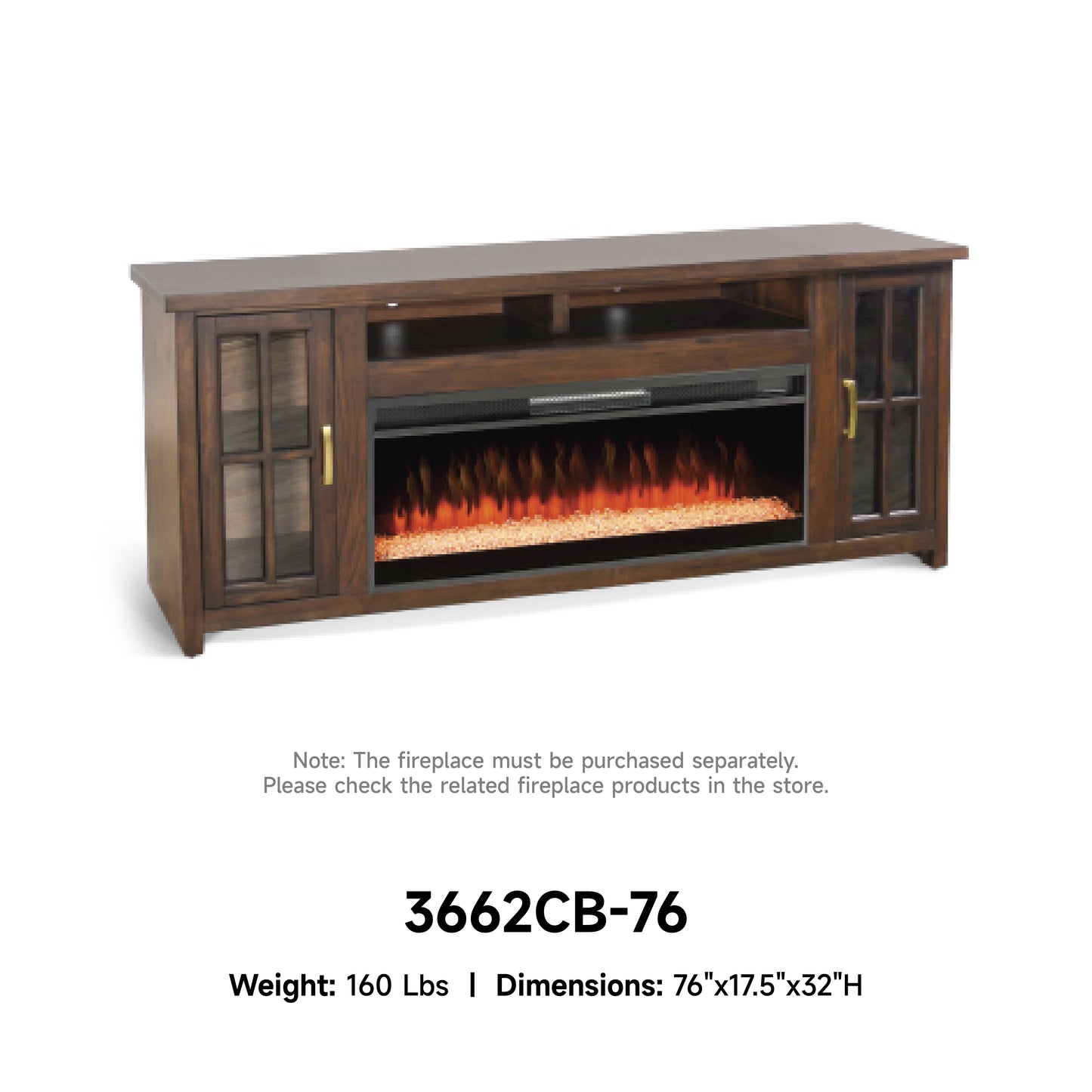 3662CB-76 Media Cabinet w/ 42" Fireplace Option TV Console/TV Stand Brown (76-Inch，optional Electric Fireplace,3658c&3658w-fpi)