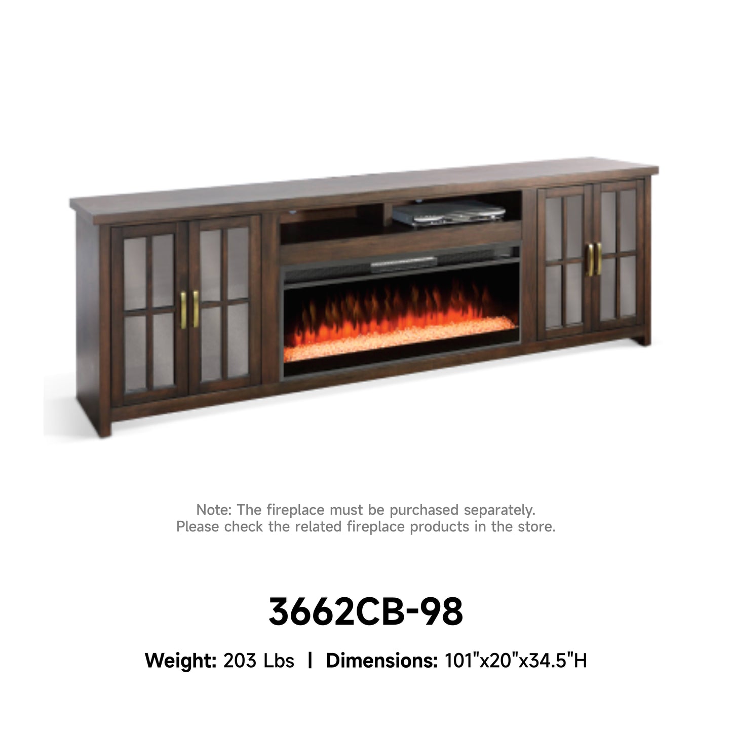 3662CB-98 Media Cabinet w/ 42" Fireplace Option TV Console/TV Stand Brown (76-Inch，optional Electric Fireplace,3658c&3658w-fpi)