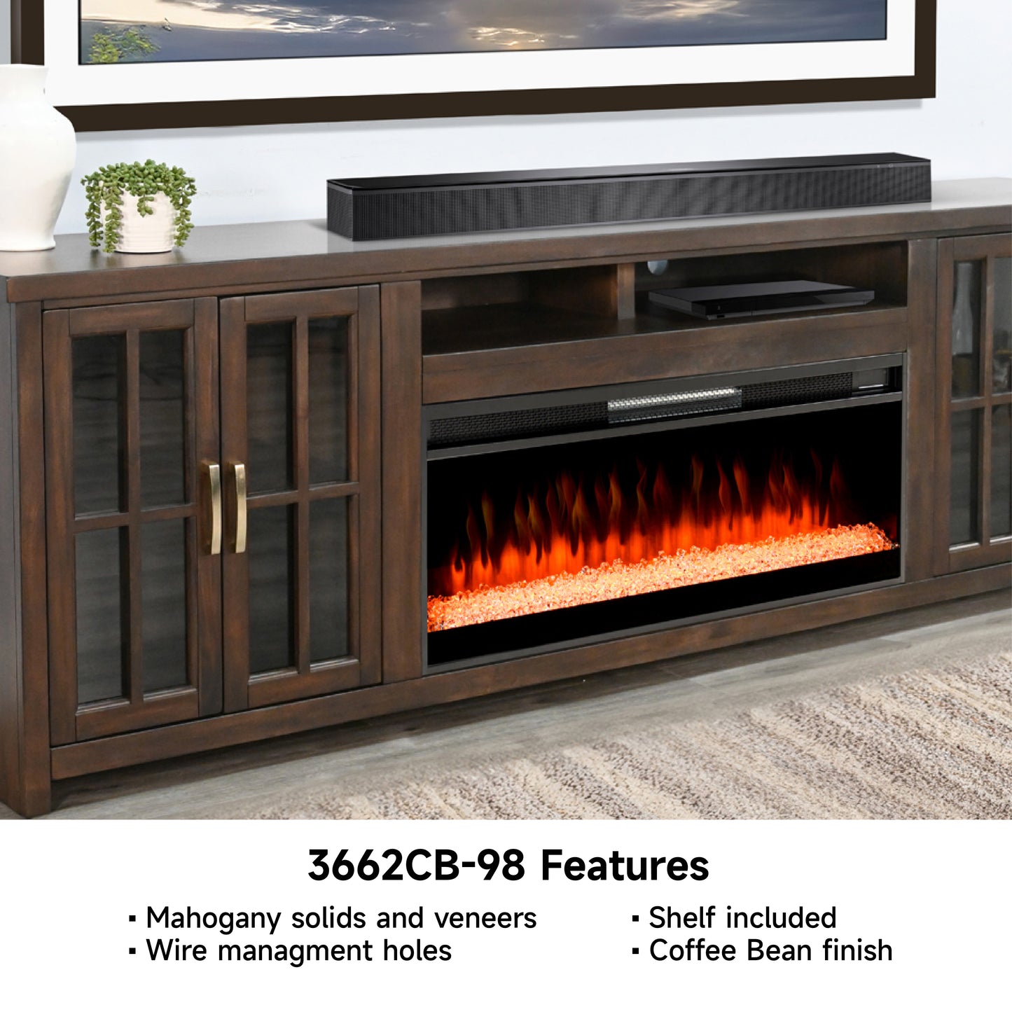 3662CB-98 Media Cabinet w/ 42" Fireplace Option TV Console/TV Stand Brown (76-Inch，optional Electric Fireplace,3658c&3658w-fpi)