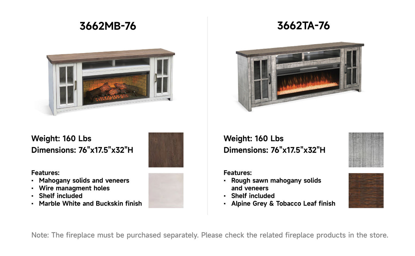 3662TA-76 TV Stand /TV console with Storage Cabinets, Rustic Oak Finish(72-Inch, optional 33''Fireplace, 3648&3666-FPI)