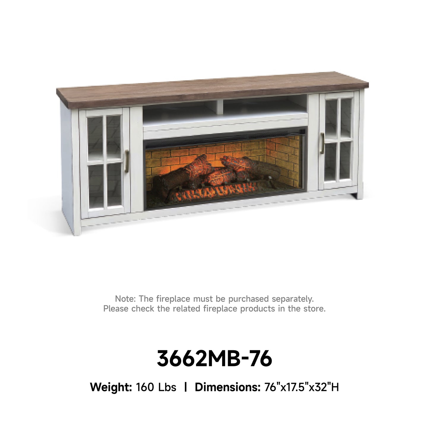 3662MB-76 Media Cabinet w/ 42" Fireplace Option TV Console/TV Stand White (76-Inch，optional Electric Fireplace,3658c&3658w-fpi)