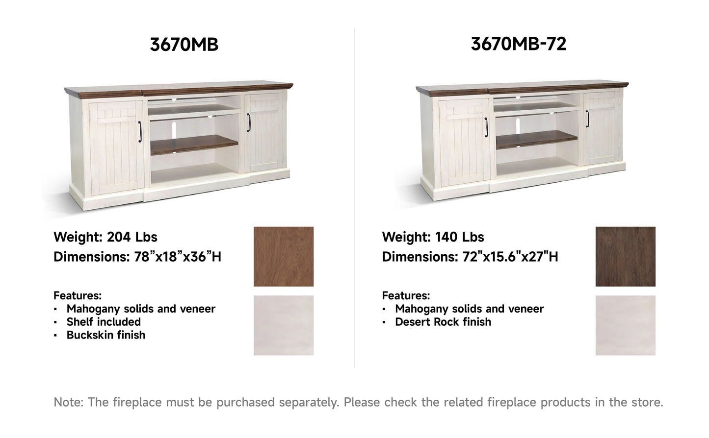 3670MB TV Stand /TV console w/33" Fireplace Option White(78-Inch, optional 33''Fireplace, 3666-FPI)