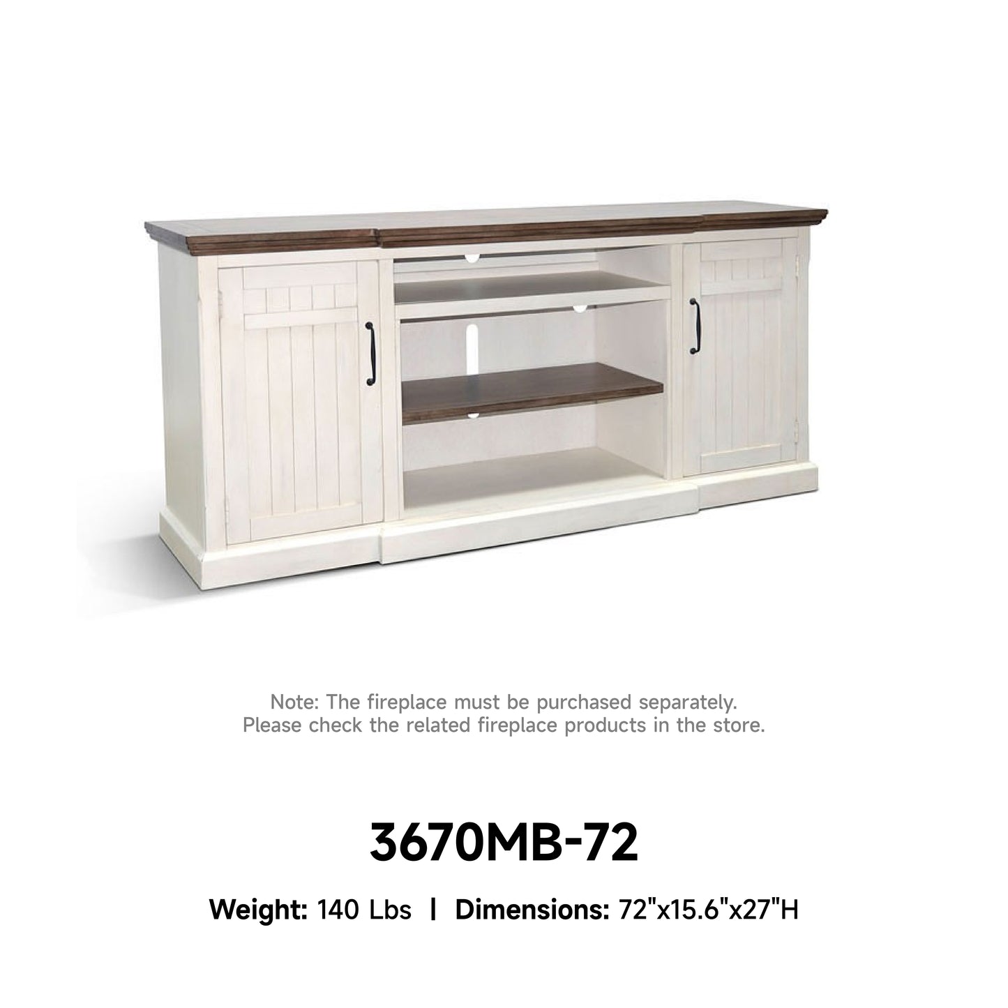 3670MB-72 Media Console Rustic TV Stand White  (72-inch, Not Contain Fireplace, W/28'' Fireplace Option 2001B-28W&C)