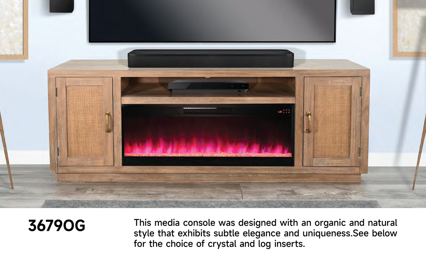 3679OG Media Cabinet w/ 42" Fireplace Option TV Console/TV Stand Light tan  (76-Inch，optional Electric Fireplace,3658c&3658w-fpi)