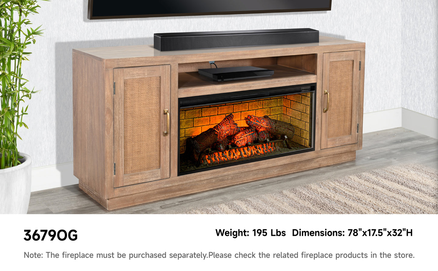 3679OG Media Cabinet w/ 42" Fireplace Option TV Console/TV Stand Light tan  (76-Inch，optional Electric Fireplace,3658c&3658w-fpi)