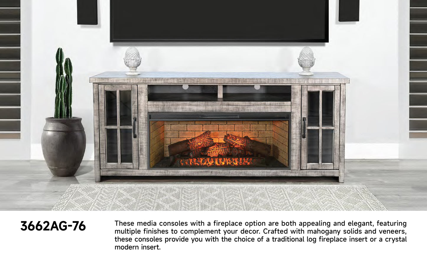 3662AG-76 Media Cabinet w/ 42" Fireplace Option TV Console/TV Stand Multi Color(76-Inch，optional Electric Fireplace,3658c&3658w-fpi)