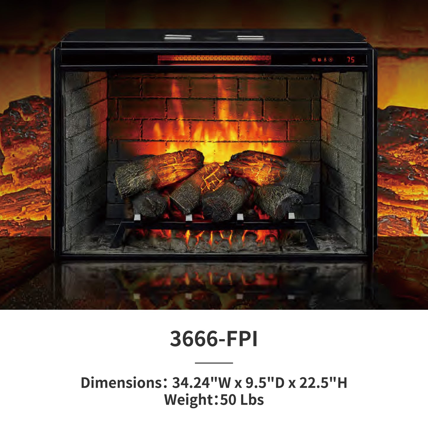 33'' 3666-FPI Electric Fireplace Insert with Shut Off Sensor, w/Remote Control, Thermostat, Timer, 1500w