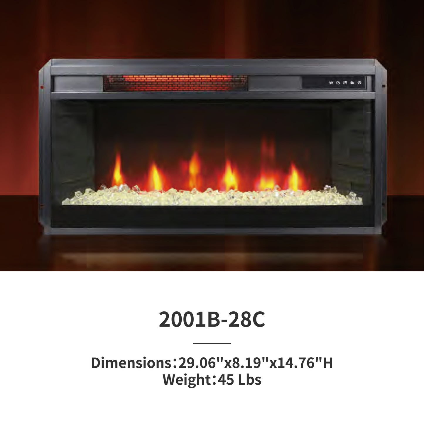 28" Crystal Fireplace Insert，Black,16-Color Flame, w/Remote Control, Thermostat, Timer, 1500w 2001B-28C