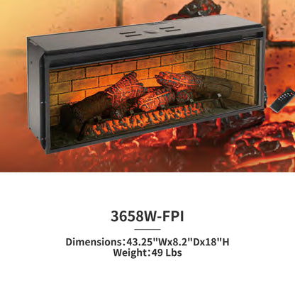 42'' 3658W-FPI Log Fireplace Insert, Multi-Color Flame , w/Remote Control, Thermostat, Timer, 1500w