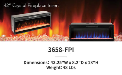 42'' 3658C-FPI Crystal Fireplace Insert, Multi-Color Flame,w/Remote Control, Thermostat, Timer, 1500w