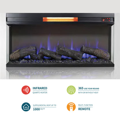 36''Panoramic Electric Fireplace Insert, with 3-Side Glass & Multi-Color Flame, w/Remote Control, Thermostat, Timer, 1500w