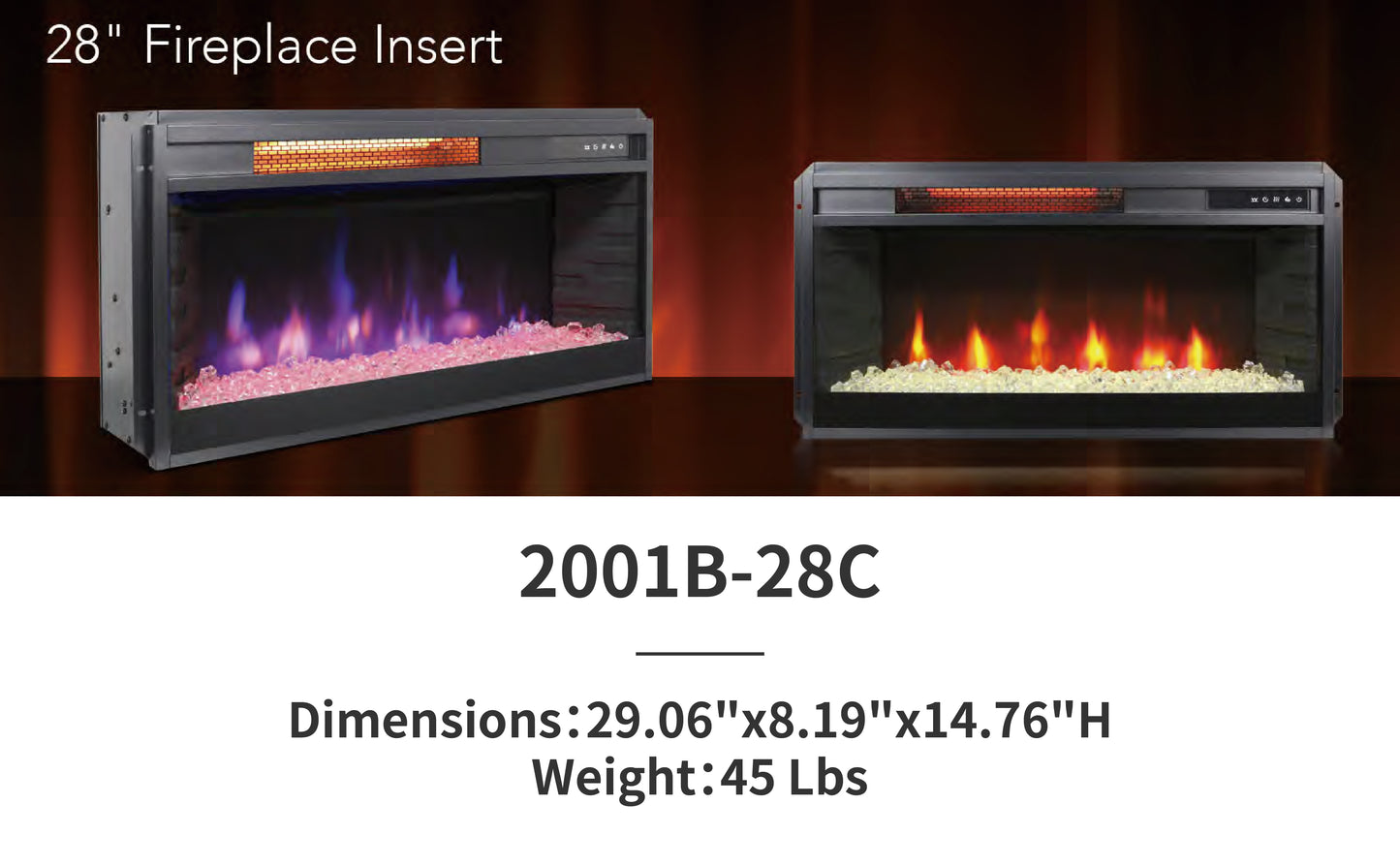 28" Crystal Fireplace Insert，Black,16-Color Flame, w/Remote Control, Thermostat, Timer, 1500w 2001B-28C