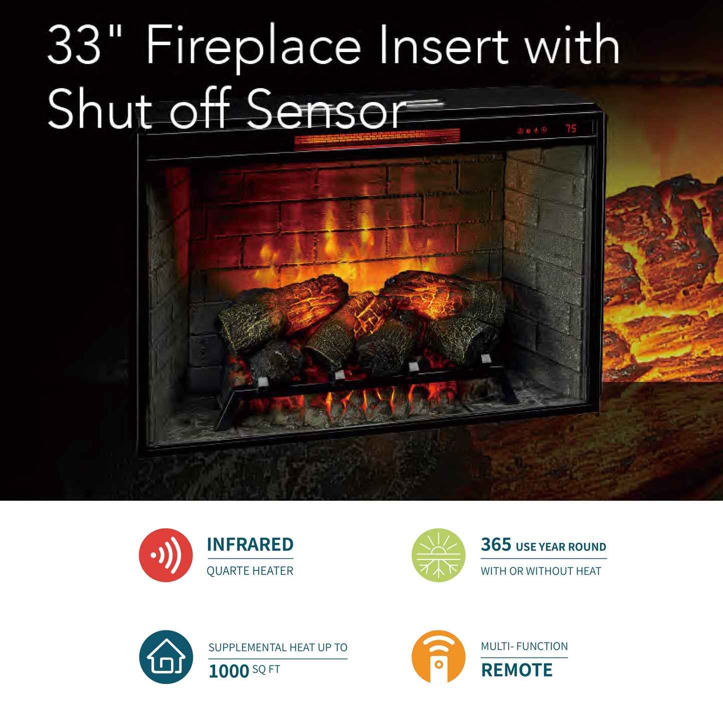 33'' 3666-FPI Electric Fireplace Insert with Shut Off Sensor, w/Remote Control, Thermostat, Timer, 1500w