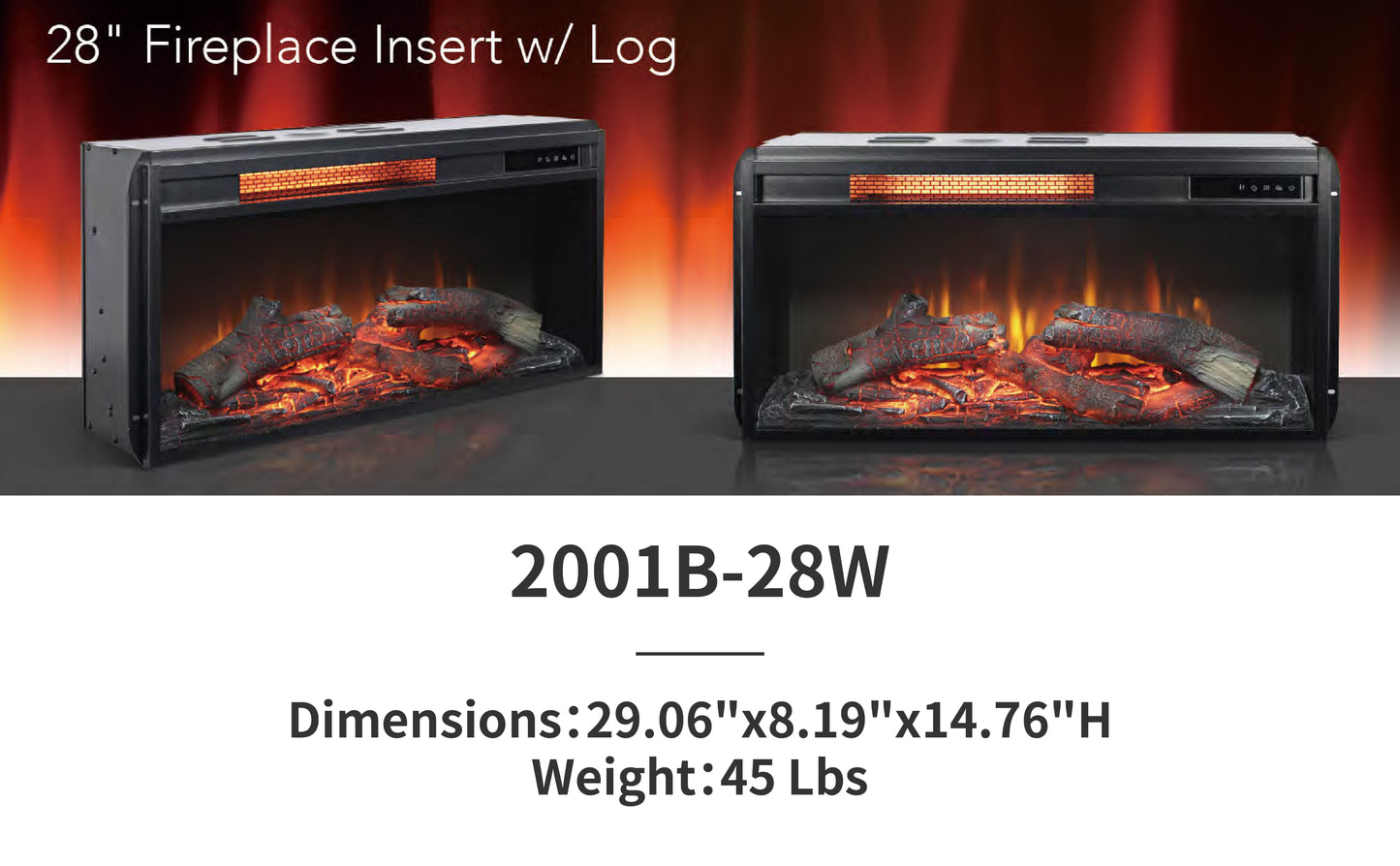 28" Crystal Fireplace Insert，Black,16-Color Flame, w/Remote Control, Thermostat, Timer, 1500w 2001B-28W