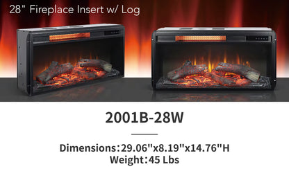 28" Crystal Fireplace Insert，Black,16-Color Flame, w/Remote Control, Thermostat, Timer, 1500w 2001B-28W