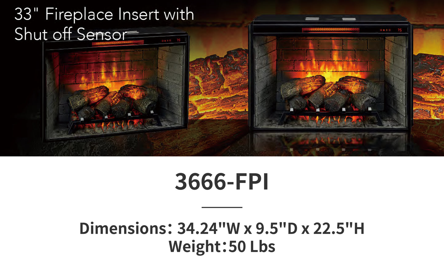 33'' 3666-FPI Electric Fireplace Insert with Shut Off Sensor, w/Remote Control, Thermostat, Timer, 1500w