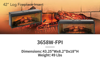 42'' 3658W-FPI Log Fireplace Insert, Multi-Color Flame , w/Remote Control, Thermostat, Timer, 1500w