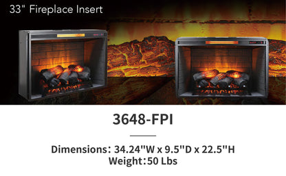 33'' 3648-FPI Electric Fireplace Insert, w/Remote Control, Thermostat, Timer, 1500w