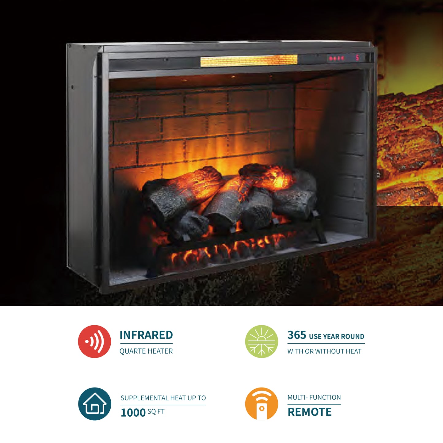 33'' 3648-FPI Electric Fireplace Insert, w/Remote Control, Thermostat, Timer, 1500w