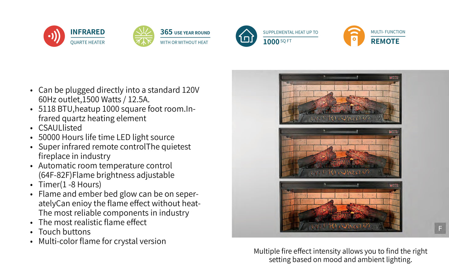 42'' 3658W-FPI Log Fireplace Insert, Multi-Color Flame , w/Remote Control, Thermostat, Timer, 1500w