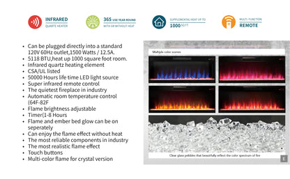 42'' 3658C-FPI Crystal Fireplace Insert, Multi-Color Flame,w/Remote Control, Thermostat, Timer, 1500w