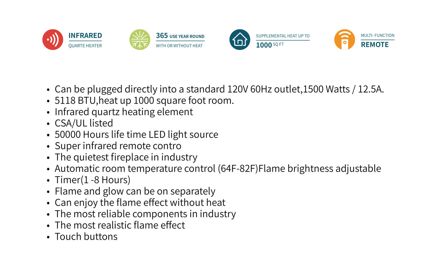 33'' 3666-FPI Electric Fireplace Insert with Shut Off Sensor, w/Remote Control, Thermostat, Timer, 1500w