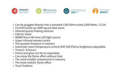 33'' 3666-FPI Electric Fireplace Insert with Shut Off Sensor, w/Remote Control, Thermostat, Timer, 1500w