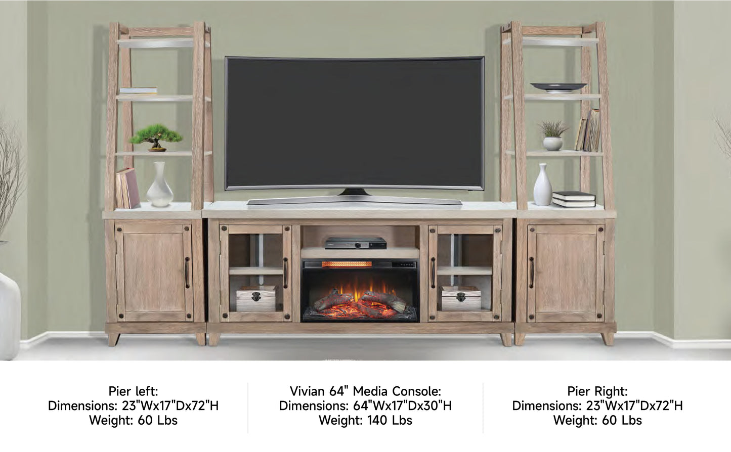 3644LW-64 TV Console/TV Stand and Pier/Left & Right Beige(110-Inch，optional Electric Fireplace,2001B-28c&2001B-28w)