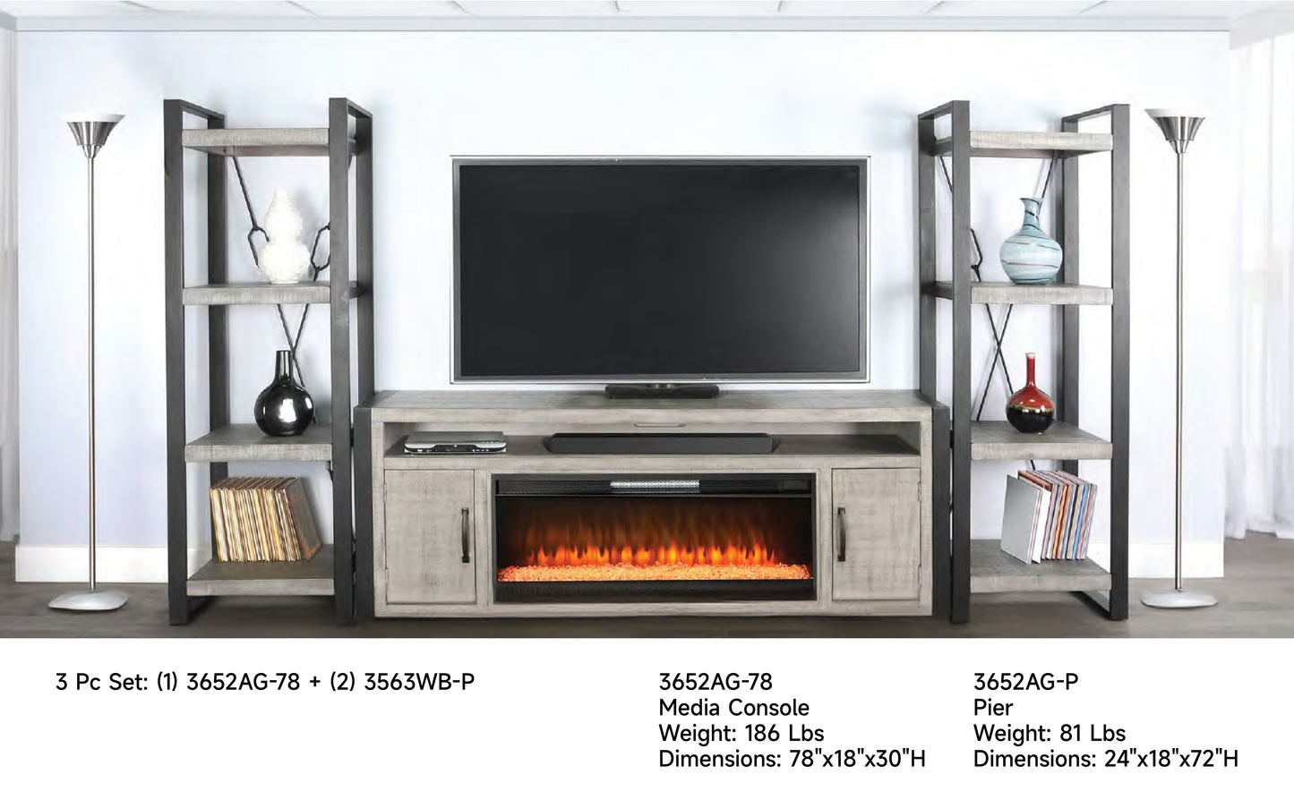 3652AG-78 Media Cabinet w/ Pier & 42" Fireplace Option TV Console/TV Stand Multi Color(78-Inch，optional Electric Fireplace,3658c&3658w-fpi)