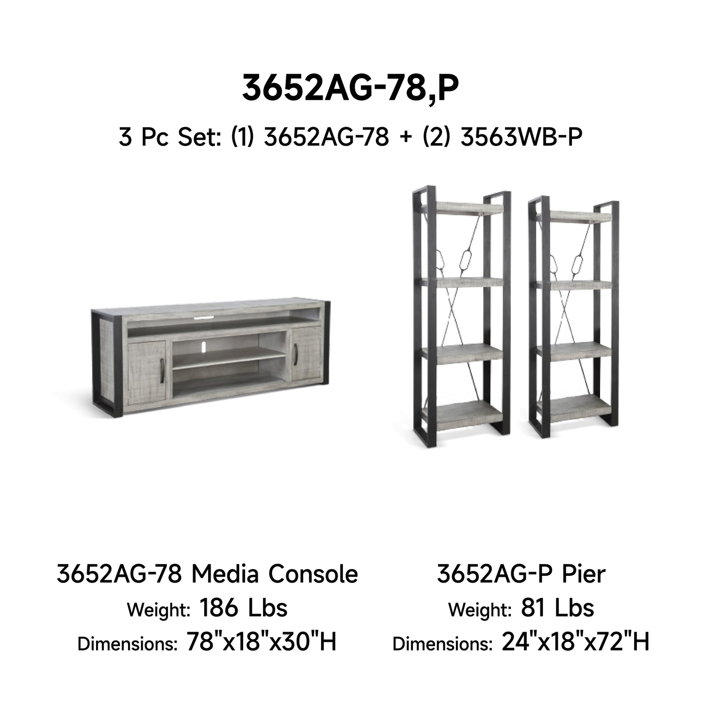 3652AG-78 Media Cabinet w/ Pier & 42" Fireplace Option TV Console/TV Stand Multi Color(78-Inch，optional Electric Fireplace,3658c&3658w-fpi)