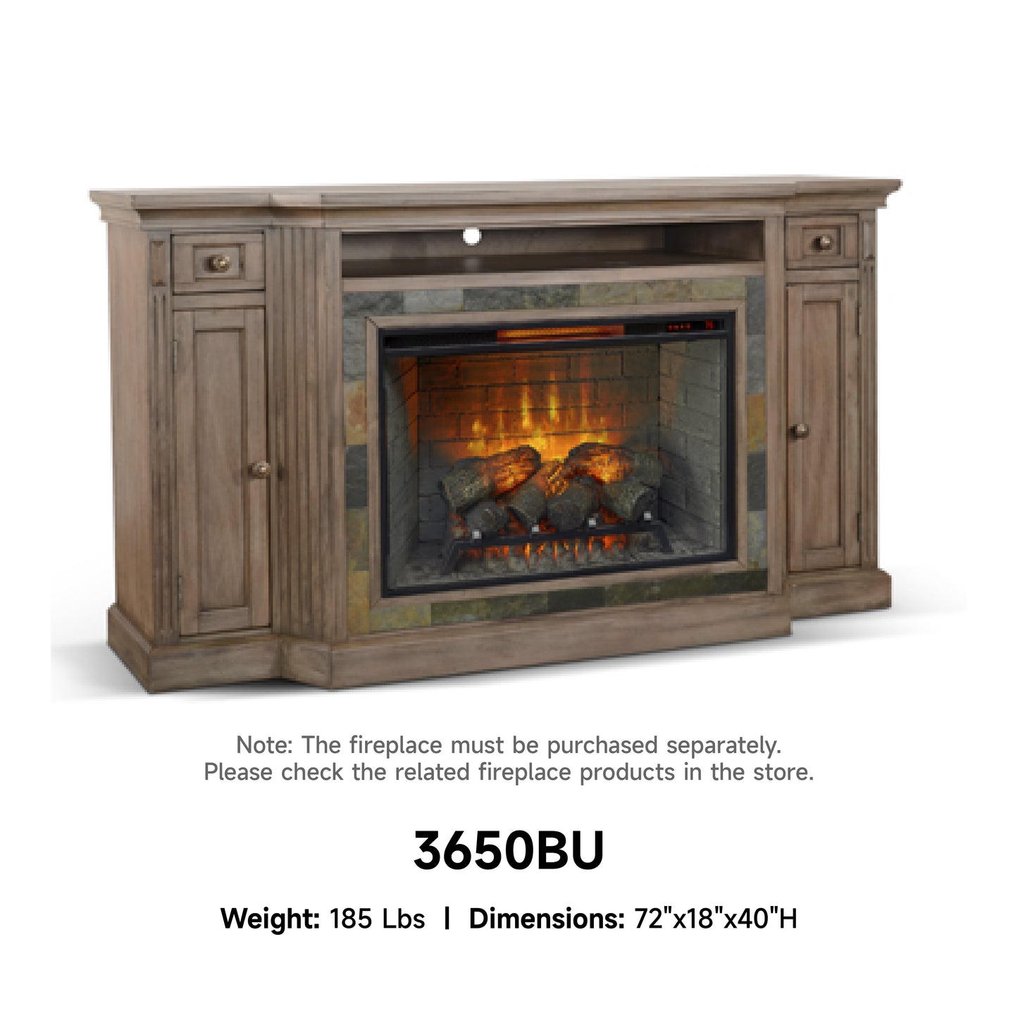 3650BU TV Stand /TV console with Storage Cabinets, Rustic Oak Finish(72-Inch, optional  33''Fireplace, 3648&3666-FPI)